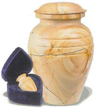 Load image into Gallery viewer, Set of Adult (205 cubic inch) &amp; Keepsake (3 inch) Marble Funeral Cremation Urns
