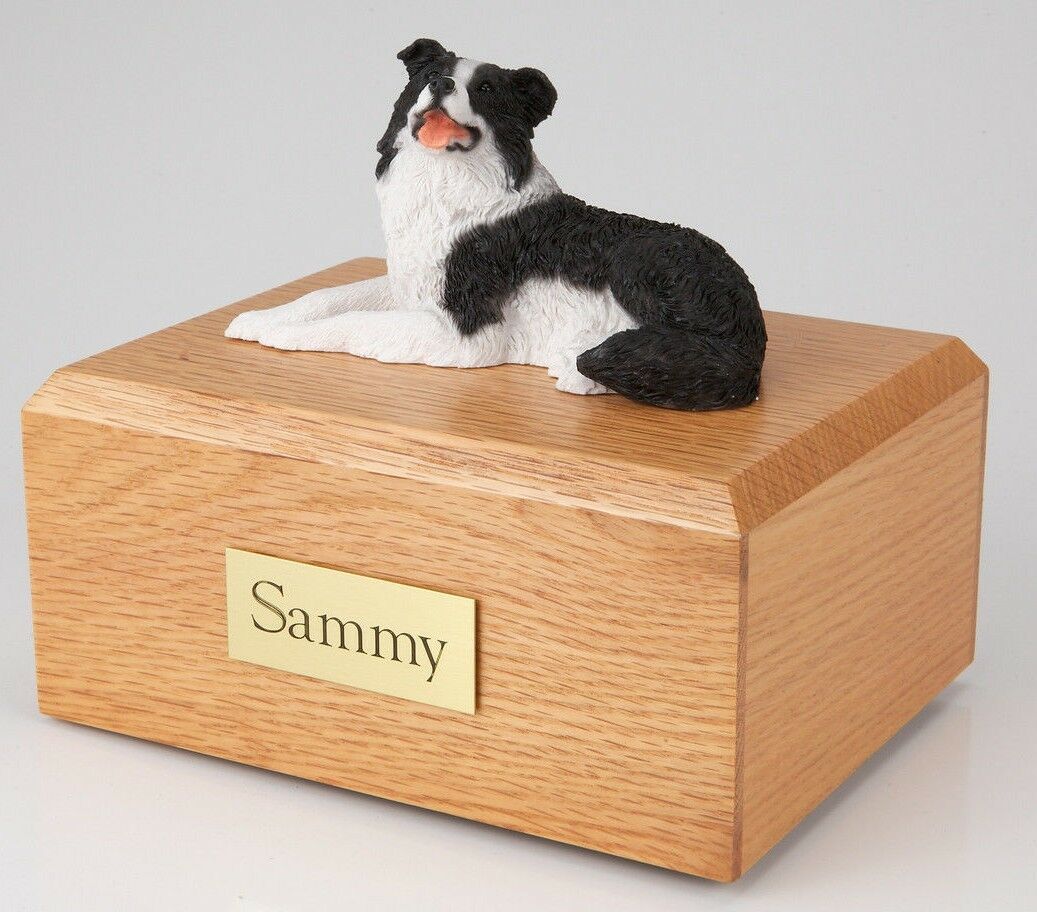 Border Collie Lying Pet Funeral Cremation Urn Avail in 3 Diff Colors & 4 Sizes