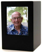 Load image into Gallery viewer, Wood Petite/Keepsake 25 Cubic Inch Funeral Cremation Urn for Ashes with photo
