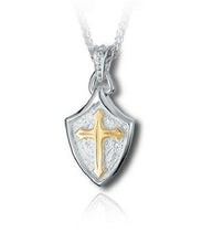 Load image into Gallery viewer, Sterling Silver &amp; 10kt Gold Crusader Shield Cremation Urn Pendant w/Chain
