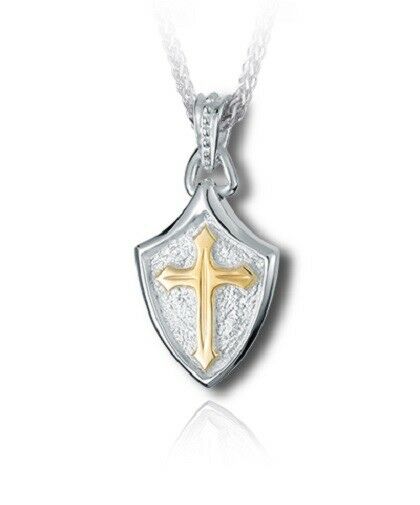 Sterling Silver & 10kt Gold Crusader Shield Cremation Urn Pendant w/Chain