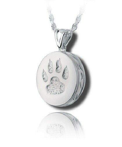 Sterling Silver Round Cat Paw Funeral Cremation Urn Pendant for Ashes w/Chain