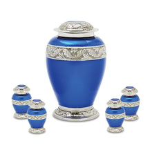 Load image into Gallery viewer, Set of Blue Brass Funeral Cremation Urns for Ashes - Large and 4 Keepsakes
