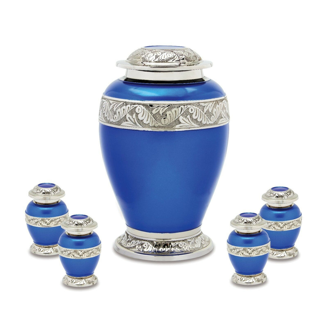 Set of Blue Brass Funeral Cremation Urns for Ashes - Large and 4 Keepsakes