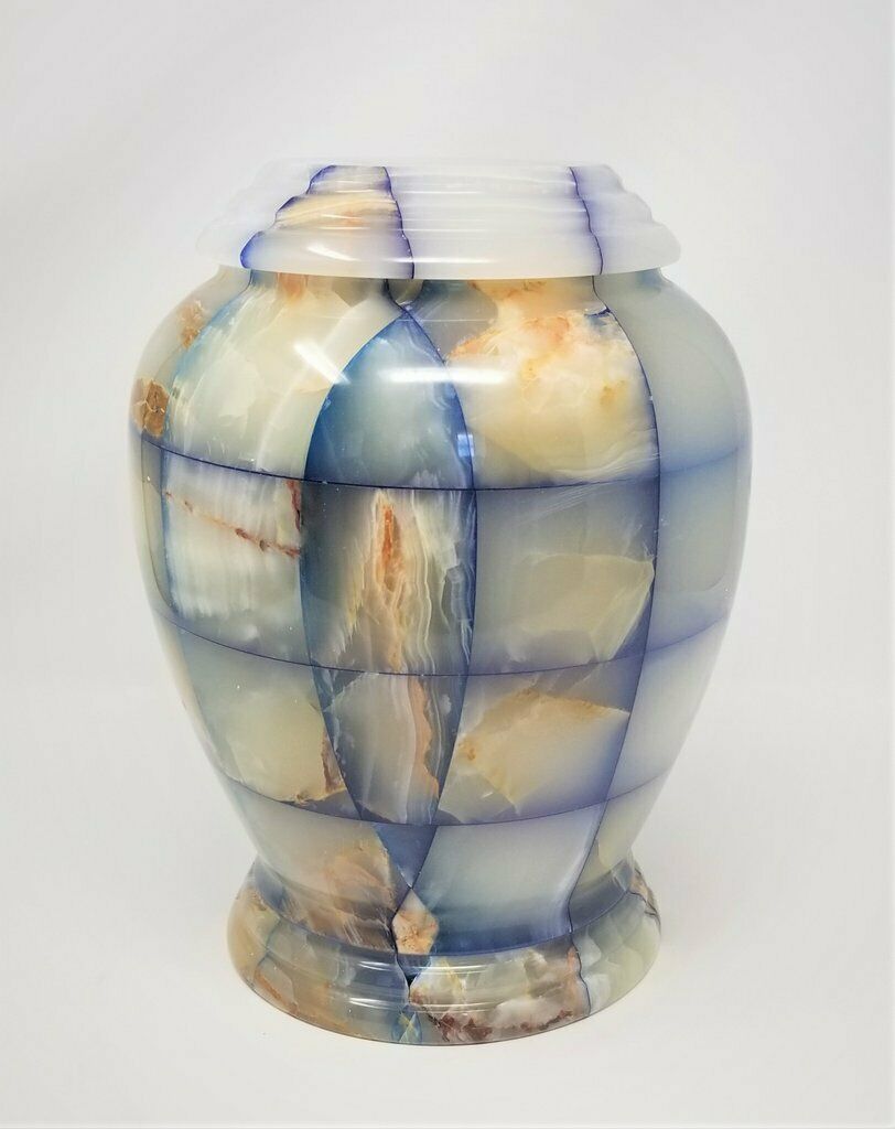 Large/Adult 210 Cu. Inch Blue Checked Kylix Natural Marble Funeral Cremation Urn
