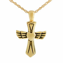 Load image into Gallery viewer, Small/Keepsake Gold Cross with Wings Pendant Funeral Cremation Urn for Ashes

