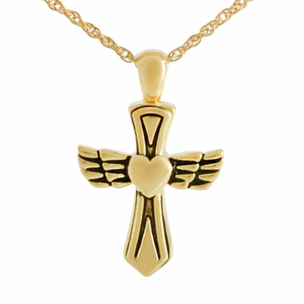 Small/Keepsake Gold Cross with Wings Pendant Funeral Cremation Urn for Ashes