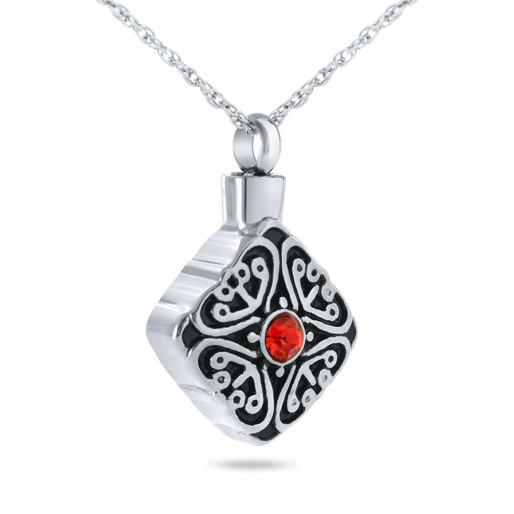 Red Crystal Stainless Steel Pendant/Necklace Funeral Cremation Urn for Ashes