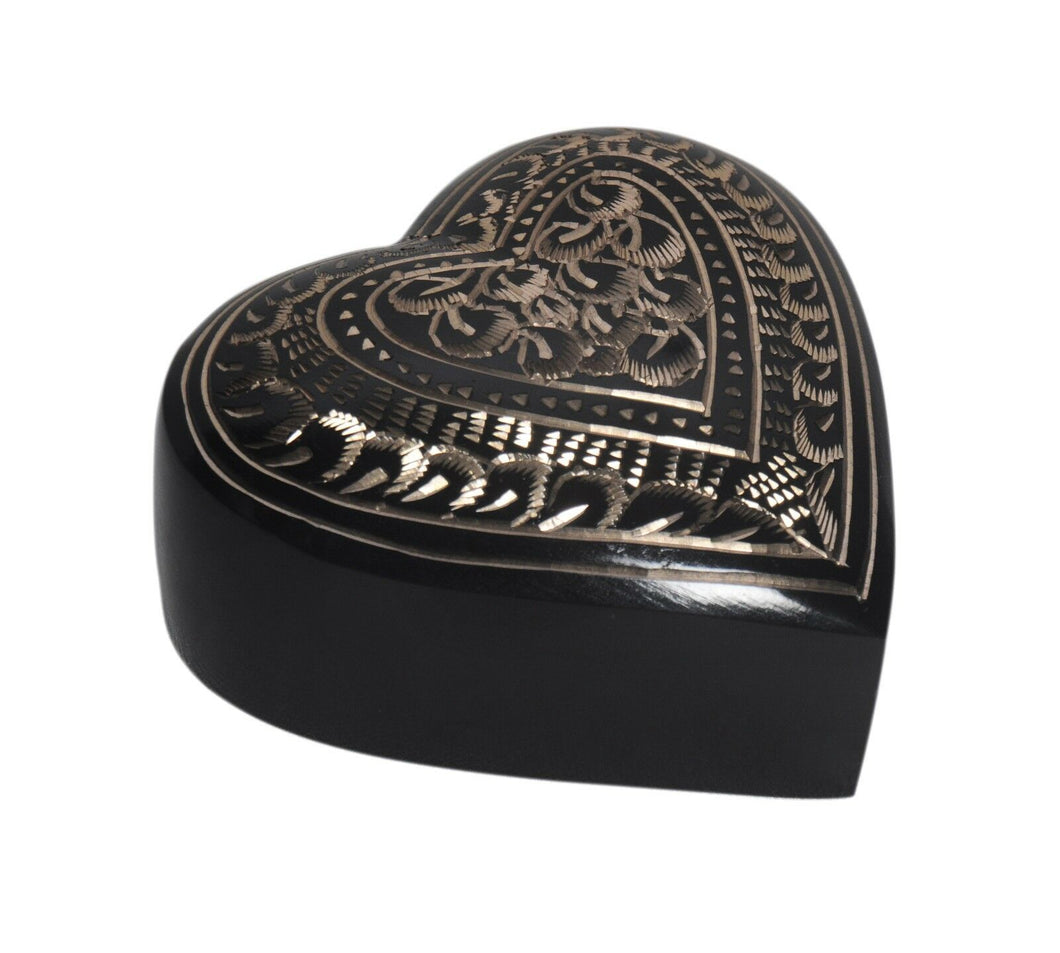 Small/Keepsake 3 Cubic Inches Heart Etched Ebony Brass Funeral Cremation Urn