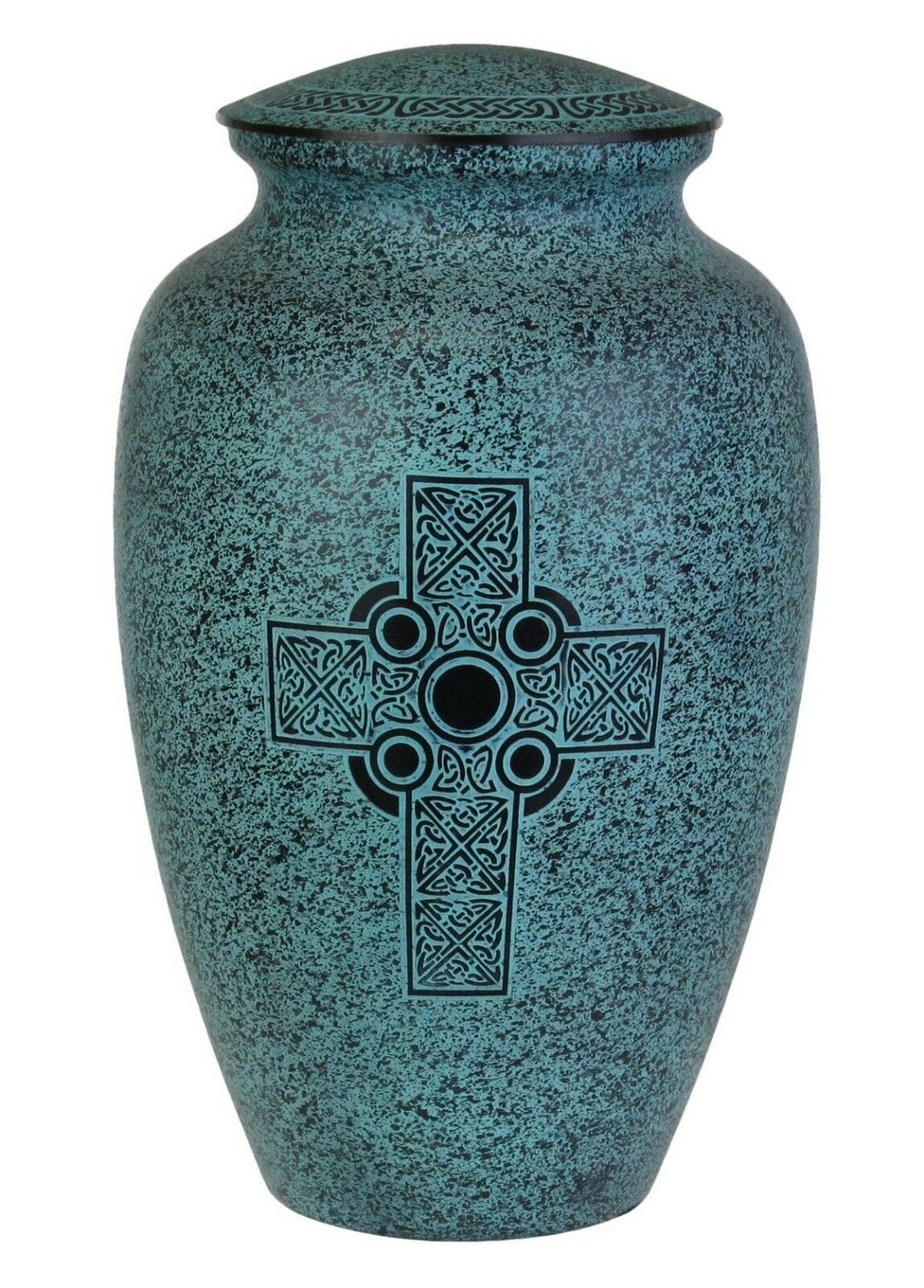 Large/Adult 220 Cubic Ins Turquoise Celtic Cross Brass Cremation Urn for Ashes