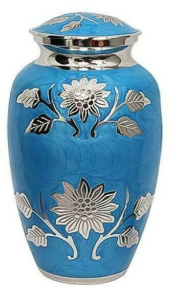 Large/Adult 200 Cubic Inch Blue Sunflower Brass Funeral Cremation Urn for Ashes