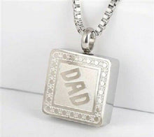 Load image into Gallery viewer, Square &quot;Dad&quot; Stainless Steel Cremation Urn Pendant for Ashes w/20-inch Necklace
