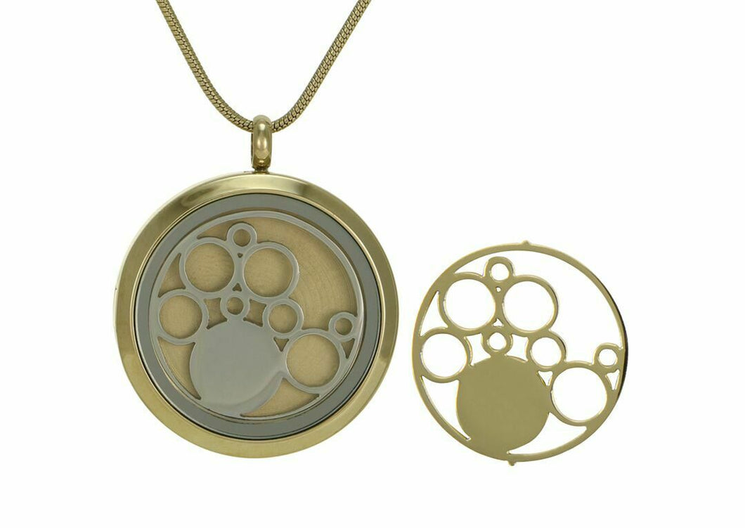 Stainless Steel/14k Gold Plated Bronze/Pewter Round Cremation Pendant w/Circles
