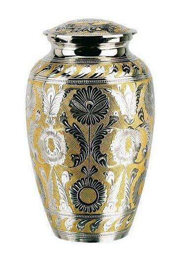 Silver and Gold Colored Brass Funeral Cremation Urn w. Box, 7