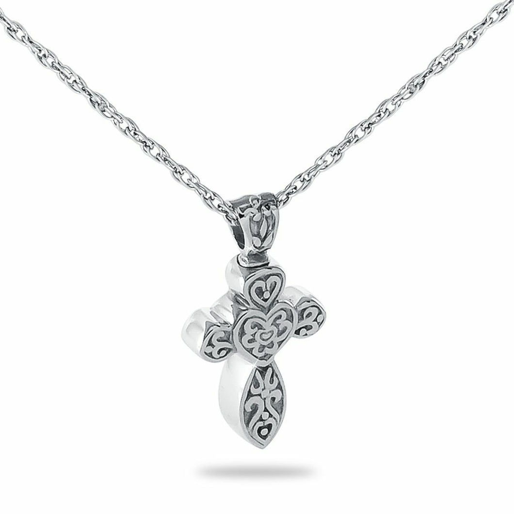Sterling Silver Elegant Cross Pendant/Necklace Funeral Cremation Urn for Ashes