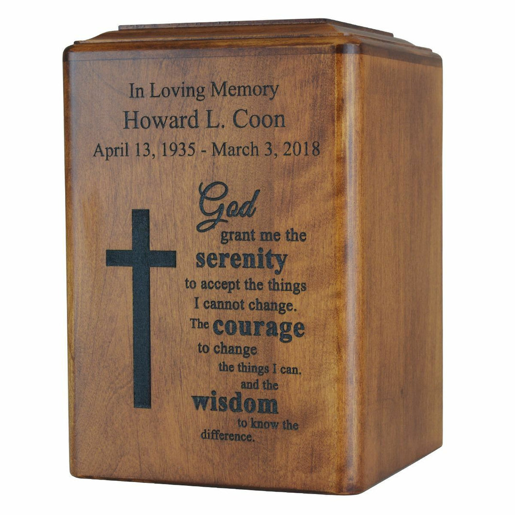 Large/Adult 250 Cubic Ins Cross & Serenity Prayer Wood Cremation Urn for Ashes