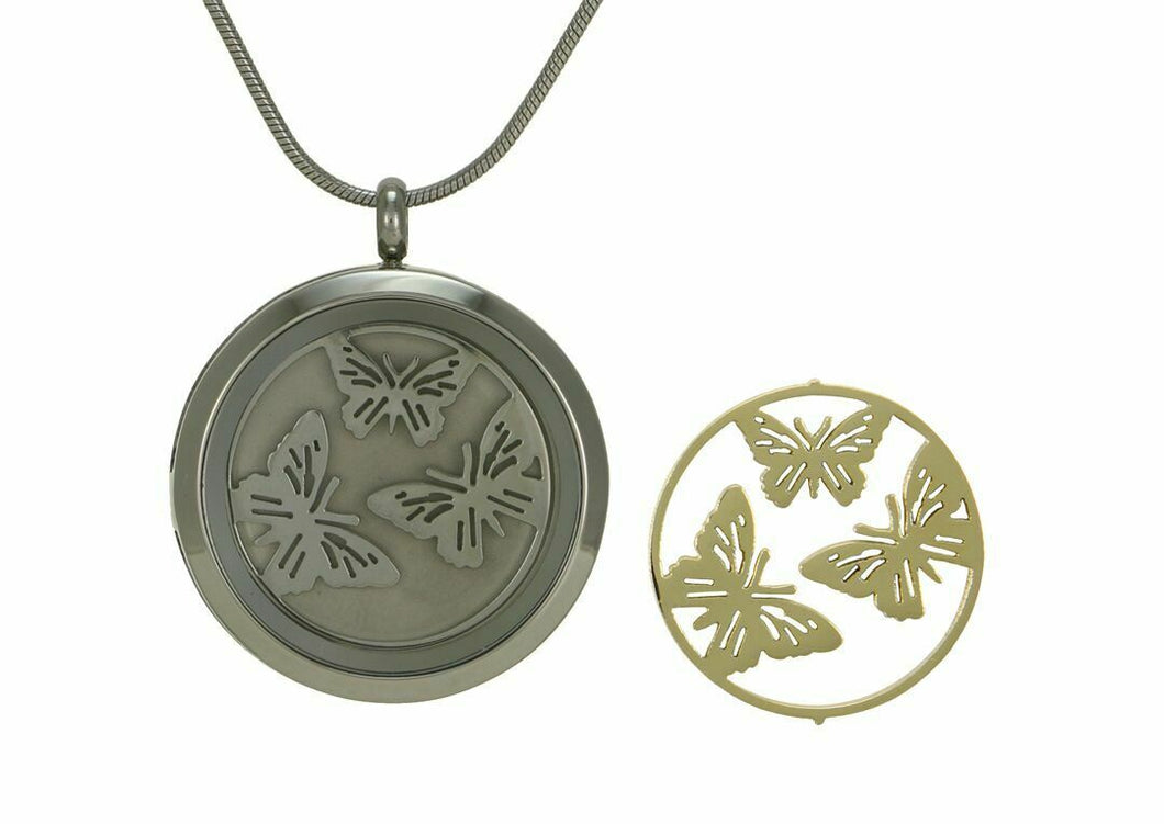 Stainless Steel/14k Gold Plated Round Pewter Cremation Pendant w/Butterflies