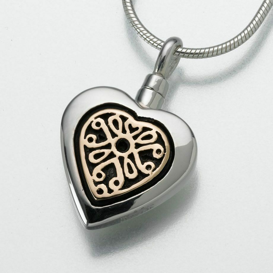 Sterling Silver Heart with 14k Gold Memorial Pendant Funeral Cremation Urn