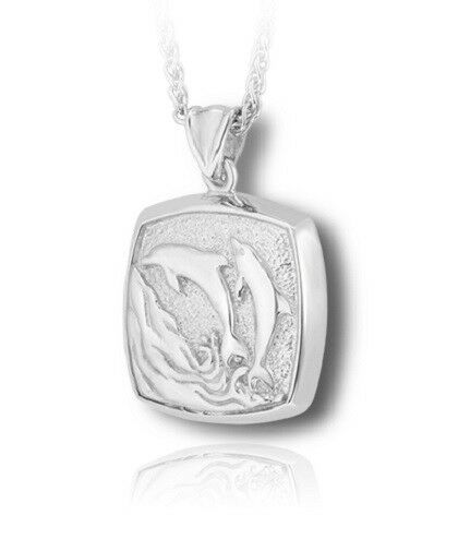 Sterling Silver Dolphins Cushion Funeral Cremation Urn Pendant for Ashes w/Chain
