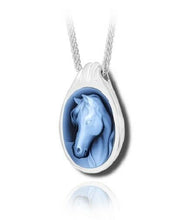 Load image into Gallery viewer, Sterling Silver &amp; Blue Agate Horse Cameo Funeral Cremation Urn Pendant w/Chain
