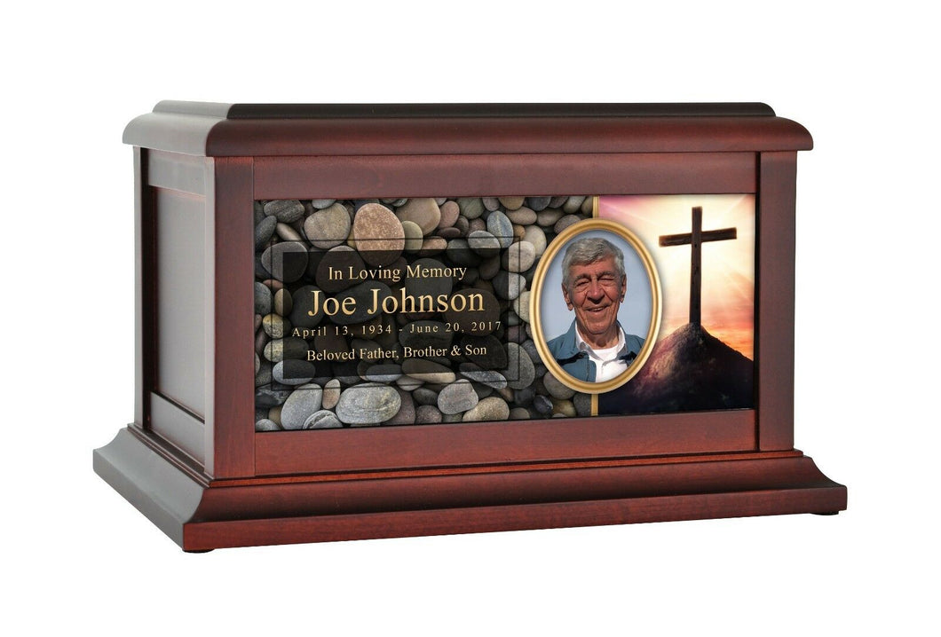 Large/Adult 200 Cubic Inches Cross and Sun Wood Photo Cremation Urn for Ashes