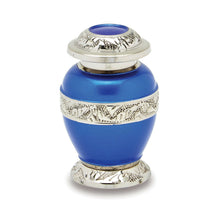 Load image into Gallery viewer, Set of Blue Brass Funeral Cremation Urns for Ashes - Large and 4 Keepsakes
