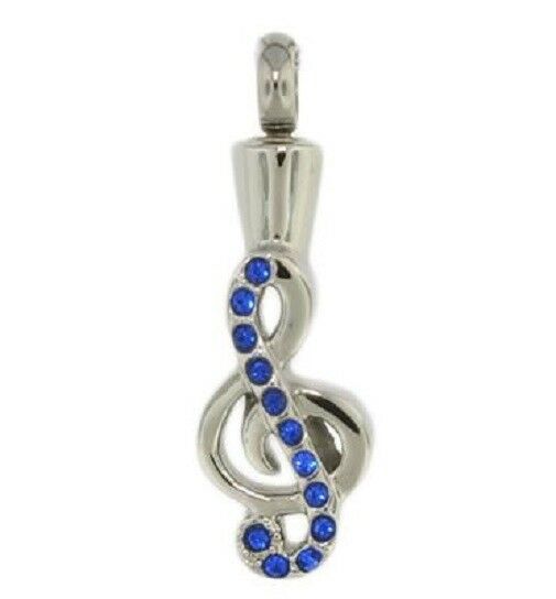 Stainless Steel Blue Music Note Cremation Urn Pendant for Ashes w/20-in Necklace