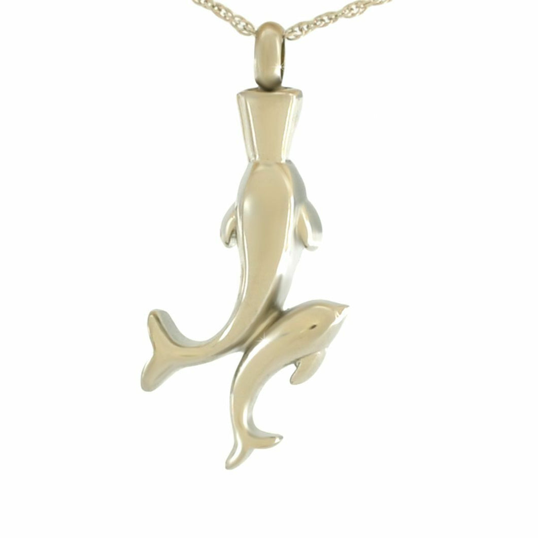 Stainless Steel Double Dolphins Pendant Funeral Cremation Urn w/Necklace
