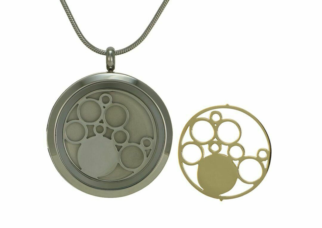 Stainless Steel/14k Gold Plated Round Pewter Funeral Cremation Pendant w/Circles
