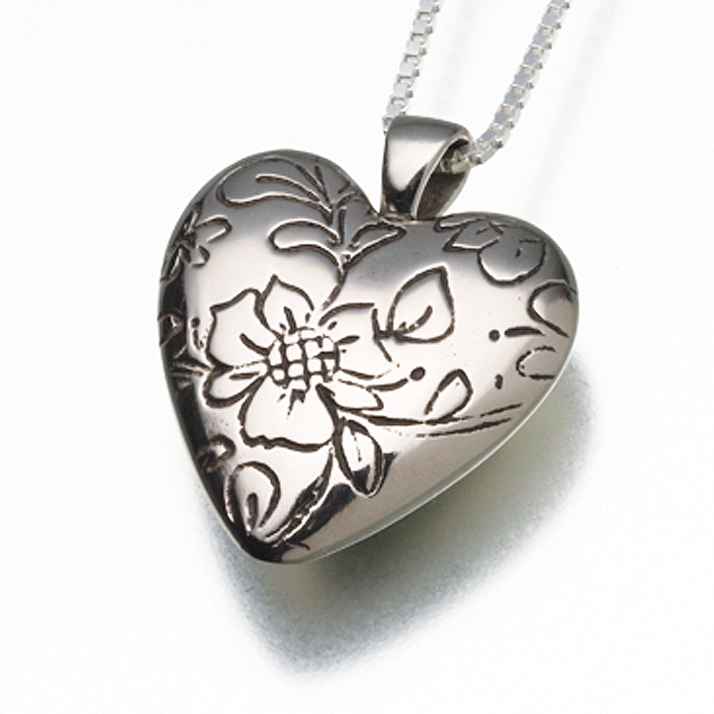 White Bronze Floral Heart Memorial Jewelry Pendant Funeral Cremation Urn