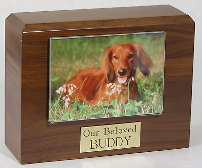 Small 85 Cubic Inches Walnut Pet Photo Urn for Ashes with Engravable Nameplate