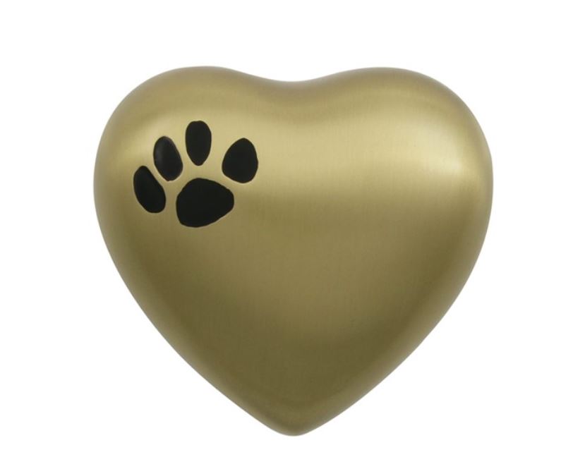 Small/keepsake Gold Brass Heart Paw Print Cremation Urn, 3 cubic inches