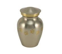 Load image into Gallery viewer, Small/Keepsake Pewter Brass Paw Print Cremation Urn, 25 cubic inches
