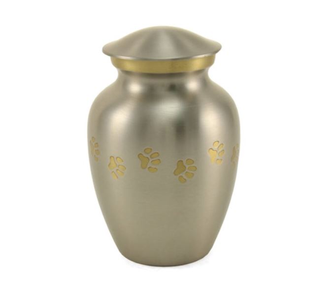 Small/Keepsake Pewter Brass Paw Print Cremation Urn, 40 cubic inches