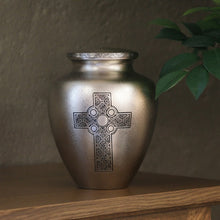 Load image into Gallery viewer, New, Solid Brass Celtic Cross Large Funeral Cremation Urn, 200 Cubic Inches

