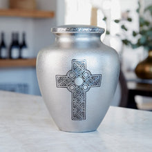 Load image into Gallery viewer, New, Solid Brass Celtic Cross Large Funeral Cremation Urn, 200 Cubic Inches

