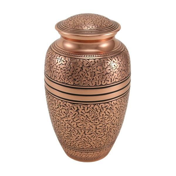 New, Solid Brass Copper Oak Large Funeral Cremation Urn, 195 Cubic Inches