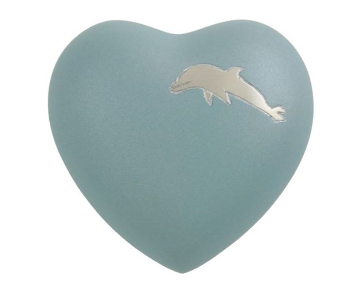 Heart Keepsake Brass Turquoise Blue Dolphin Funeral Cremation Urn, 3 Cubic Inch