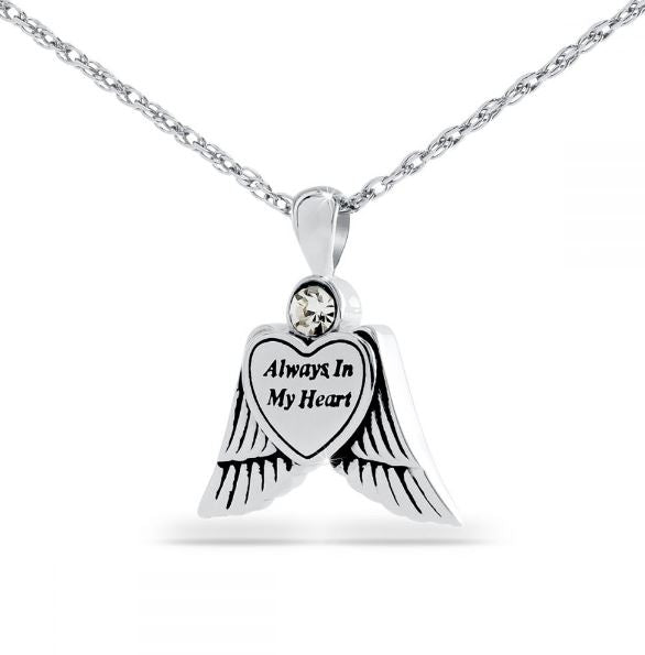 Always In My Heart Wings Steel Keepsake Pendant/Necklace Funeral Cremation Urn for Ashes