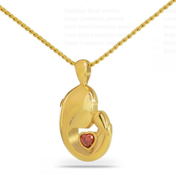 Mother's Love Red Stone Gold Steel Pendant Cremation Urn w/Necklace
