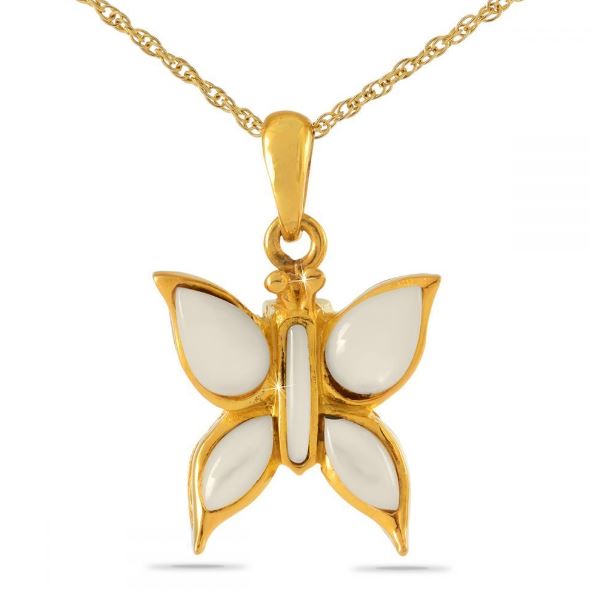 Small/Keepsake White Butterfly Gold Pendant Funeral Cremation Urn for Ashes