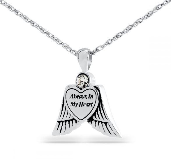 Sterling Silver Heart with Angel Wings Pendant/Necklace Cremation Urn for Ashes
