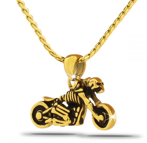 Motorcycle with Skull Ash Gold Steel Pendant/Necklace Cremation Urn for Ashes