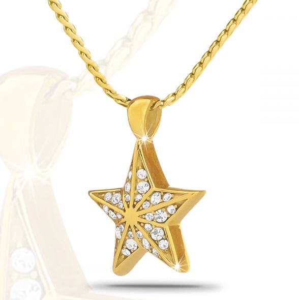Star Bright Gold Steel Keepsake with Crystals Pendant/Necklace Cremation Urn for Ashes