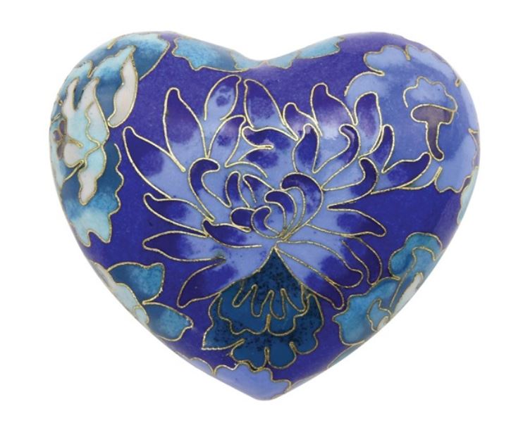 Small/Keepsake Blue Cloisonne Heart  Funeral Cremation Urn, 3 Cubic Inches