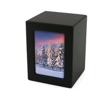 Load image into Gallery viewer, Small/Keepsake Black Wood  Funeral Cremation Urn with photo, 40 Cubic Inches
