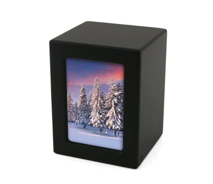 Small/Keepsake Black Wood  Funeral Cremation Urn with photo, 40 Cubic Inches
