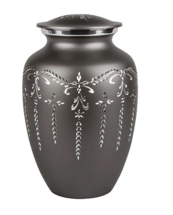 Large/Adult 200 Cubic Inch Etched Metal Gray Funeral Cremation Urn
