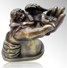 Load image into Gallery viewer, Small/Keepsake 50 Cubic Inch Bronze Baby Angel on Hand Funeral Cremation Urn
