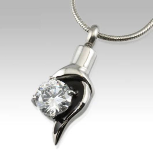 Diamond Accent Stainless Steel Funeral Cremation Urn Pendant w/Chain for Ashes